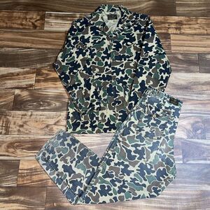 Vintage 1960s Stream-Field Camouflage Hunting Suit Shirt & Pants Mens Size Large